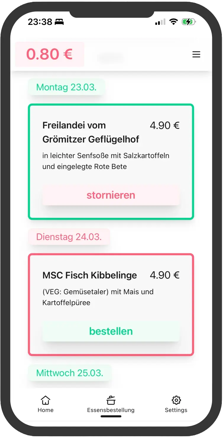 Essensbestellungsansicht in der App